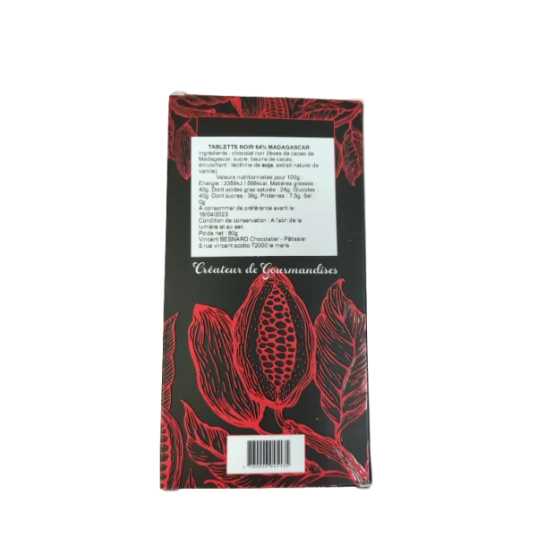 Tablette Chocolat  Noir Madagascar 64 %  80g - Vincent Besnard