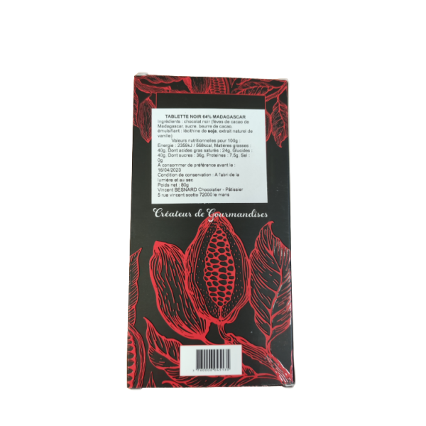 Tablette Chocolat  Noir Madagascar 64 %  80g - Vincent Besnard