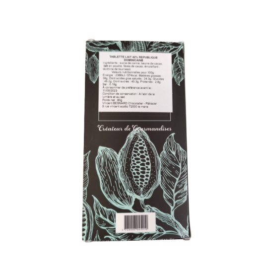 Tablette Chocolat Lait République Dominicaine bio 42% 80g - Vincent Besnard