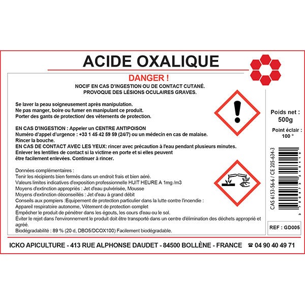 ACIDE OXALIQUE les 500 gr